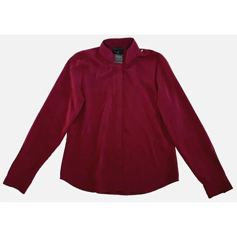 Hotel Particulier Blouse Women Large Shirt Mandarin Burgundy Faux Leather Accent